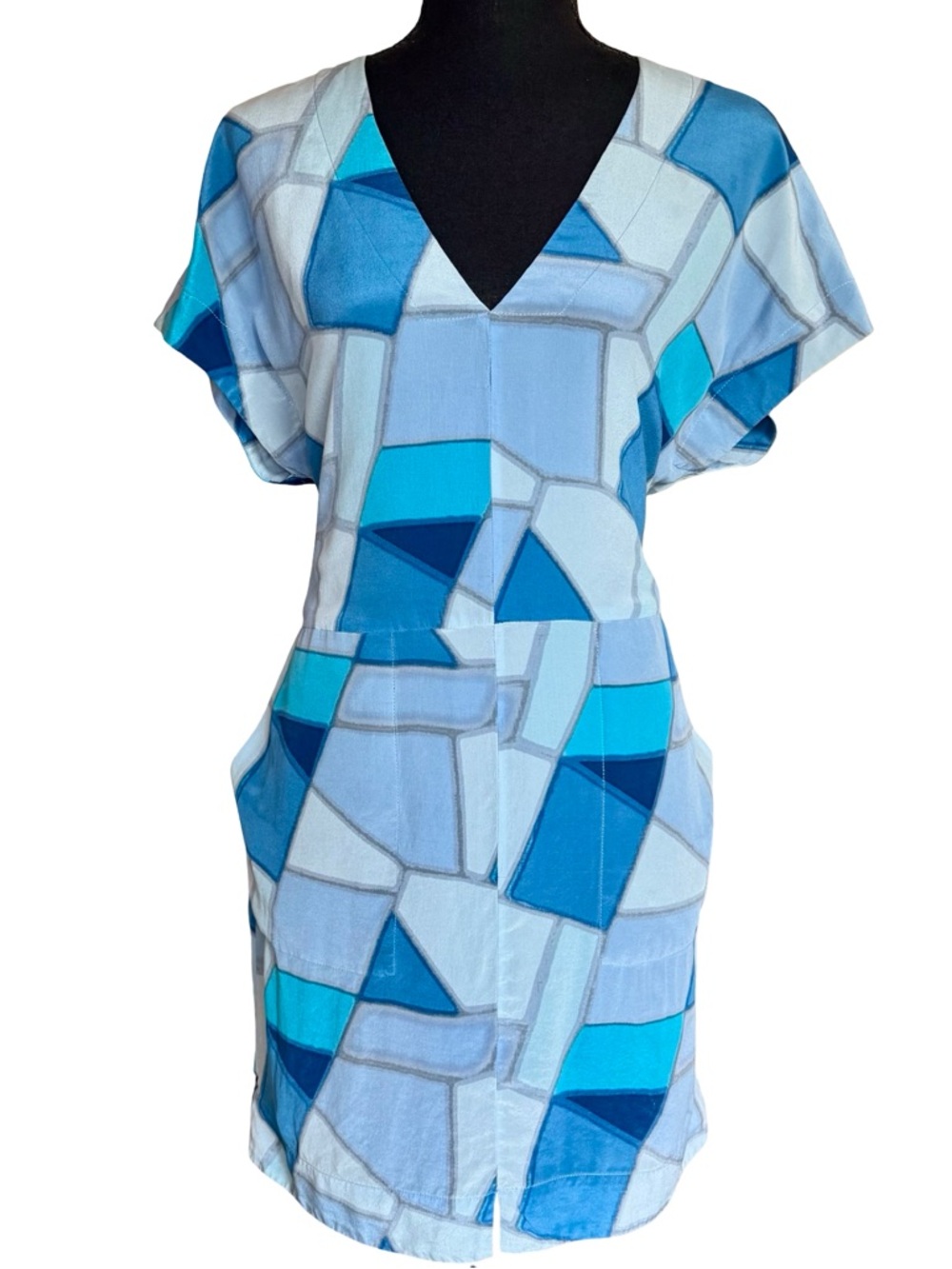 Armani Exchange Mulberry Silk Blue Geometric V Neck Dress - Size Small
